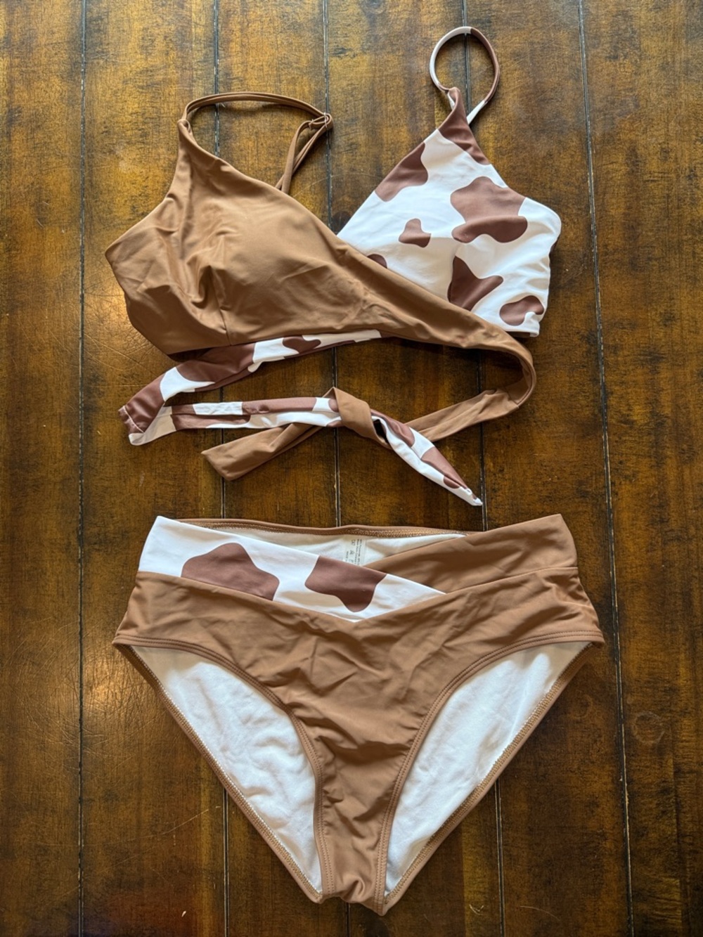 SHEIN Brown and Cream Cow-Print Wrap Bikini Set
